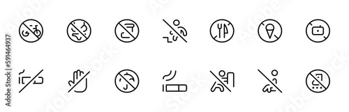 Restrictions icon set  elements such as no cycle, no smoking, no food, caution icons set vector editable stroke outline icon isolated on white background flat vector illustration. photo