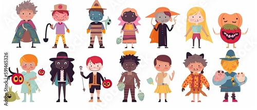 Set of colorful kids in Halloween costumes