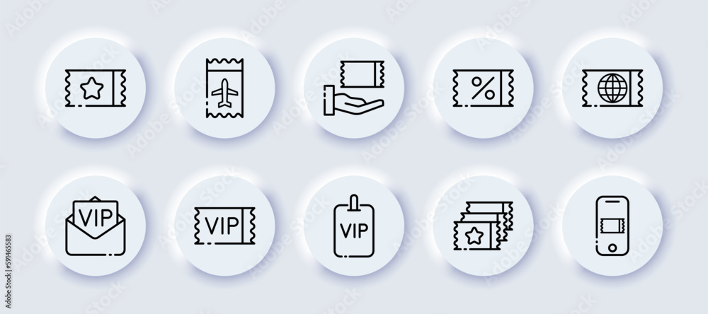 Tickets and passes. Line icon, black, ticket icons. vector icons. Tickets and passes. Line icon, black, ticket icons. vector icons.