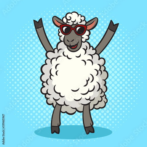 Happy dancing sheep pinup pop art retro vector illustration. Comic book style imitation.