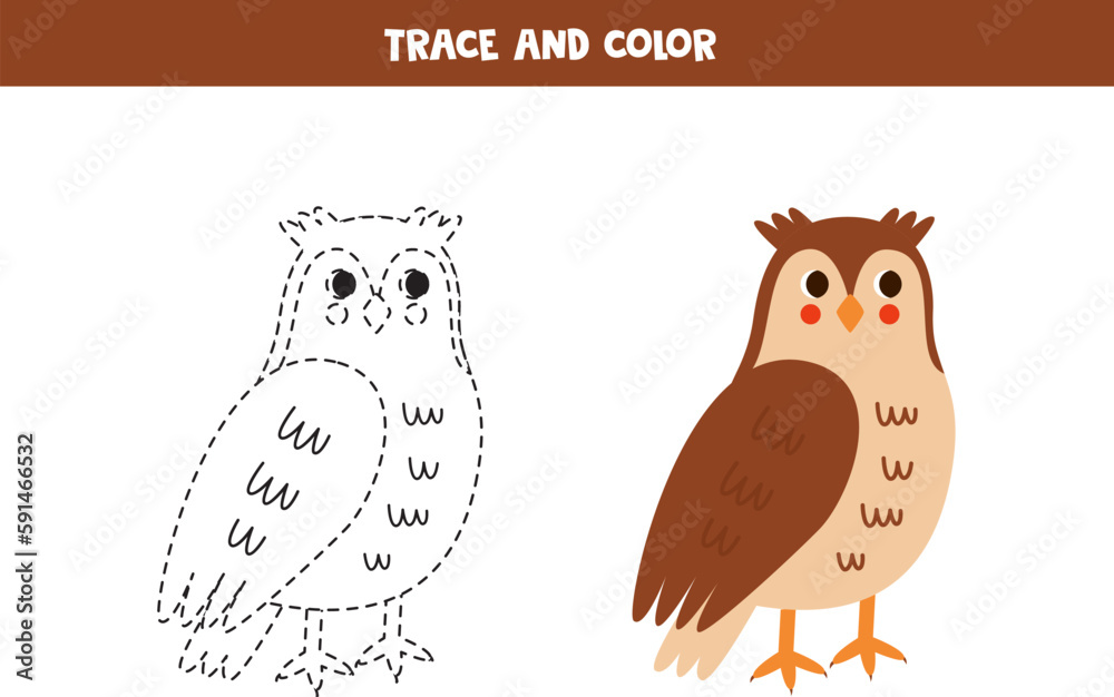 Obraz premium Trace and color cartoon cute owl. Worksheet for children.