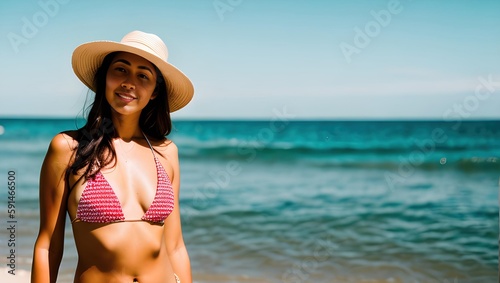 Pretty in Pink: Woman in Bikini and Hat Soaking up the Sun on Ocean Beach AI-Generated
