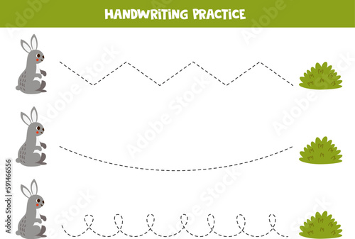 Tracing lines for kids. Cartoon hare and bush.