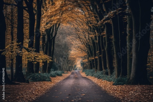 serene autumn road with fallen leaves and trees. Generative AI © 2rogan
