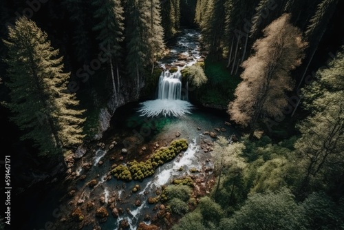 serene waterfall surrounded by lush green trees in a forest. Generative AI