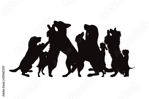 Vector silhouette of group happy dogs on white background.