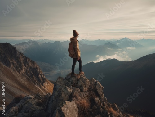 A woman standing tall and confident on top of a mountain peak