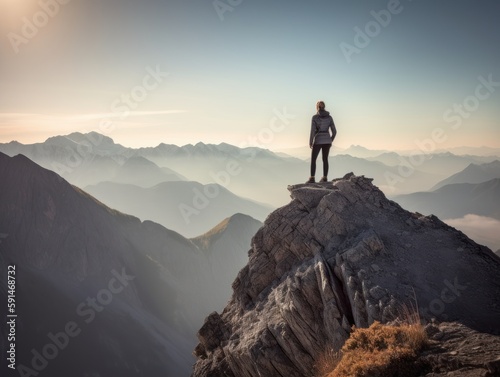 A woman standing tall and confident on top of a mountain peak