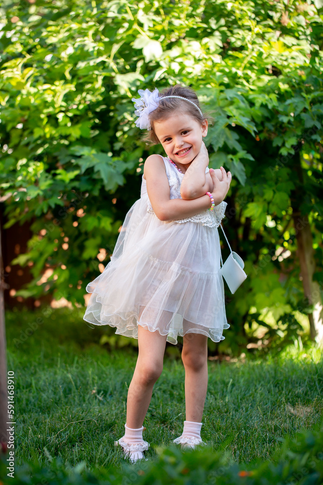 A cheerful little girl plays in the park on the lawn in a beautiful dress rejoices in the summer. Beautiful white girl smiling while walking in the courtyard of the house. A cheerful little girl plays in the park on the lawn in a beautiful dress rejoices in the summer. Beautiful white girl smiling while walking in the courtyard of the house.