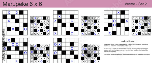 5 Marupeke 6 x 6 Puzzles. A set of scalable puzzles for kids and adults, which are ready for web use or to be compiled into a standard or large print activity book.