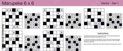 5 Marupeke 6 x 6 Puzzles. A set of scalable puzzles for kids and adults, which are ready for web use or to be compiled into a standard or large print activity book.