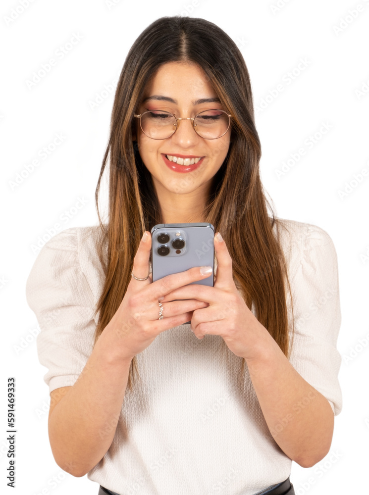 Using mobile phone, portrait of young happy businesswoman using mobile phone. Isolated white background, copy space. Browsing internet, social media, testing new application, mobile communication. Using mobile phone, portrait of young happy businesswoman using mobile phone. Isolated white background, copy space. Browsing internet, social media, testing new application, mobile communication.