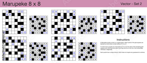 5 Marupeke 8 x 8 Puzzles. A set of scalable puzzles for kids and adults, which are ready for web use or to be compiled into a standard or large print activity book.