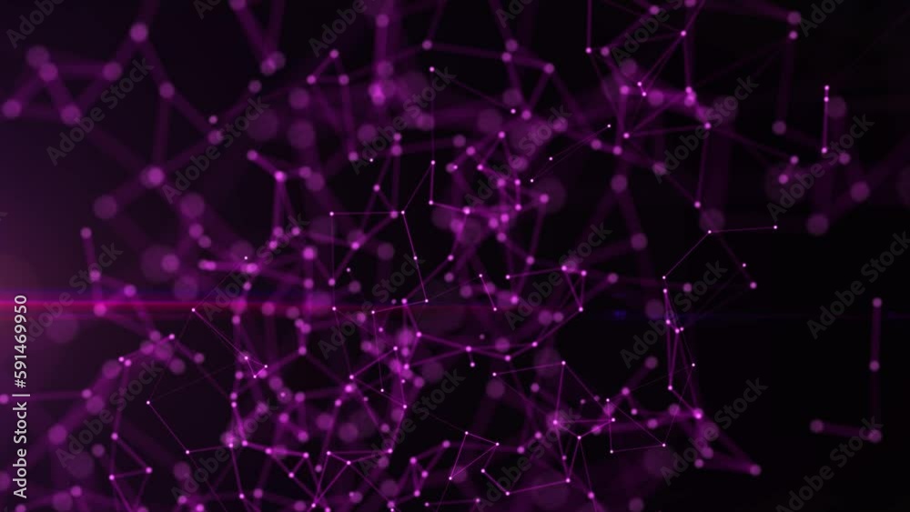 Abstract technological futuristic background with neon glowing lines and dots. Digital technology low poly. Plexus connection network animation. Seamless Loop. Pink Color. 4k footage