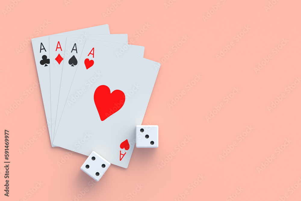 Playing cards and dice. Casino concept. Gambling. Success and victory. Big win. Loss and bankruptcy. Top view. Copy space. 3d render Playing cards and dice. Casino concept. Gambling. Success and victory. Big win. Loss and bankruptcy. Top view. Copy space. 3d render