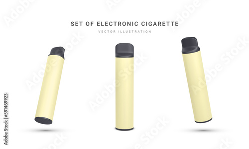 Set of 3d realistic disposable electronic cigarette isolated on white background. Modern smoking, vaping and nicotine with different flavors. Vector illustration