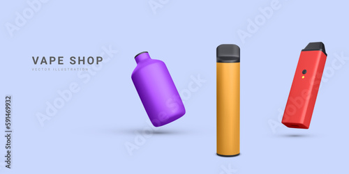 3d realistic promotion banner with disposable electronic cigarettes isolated on light background. Modern smoking, vaping and nicotine with different flavors. Vector illustration