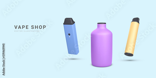 3d realistic promotion banner with disposable electronic cigarettes isolated on light background. Modern smoking, vaping and nicotine with different flavors. Vector illustration