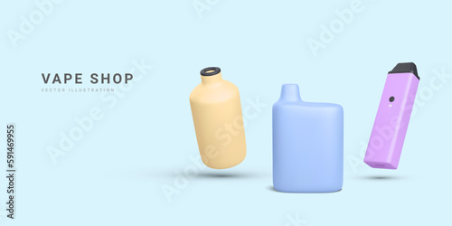 3d realistic promotion banner with disposable electronic cigarettes isolated on light background. Modern smoking, vaping and nicotine with different flavors. Vector illustration