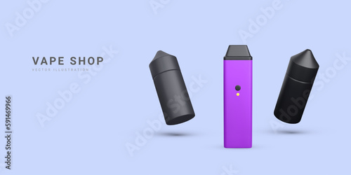 3d realistic promotion banner with disposable electronic cigarettes isolated on light background. Modern smoking, vaping and nicotine with different flavors. Vector illustration
