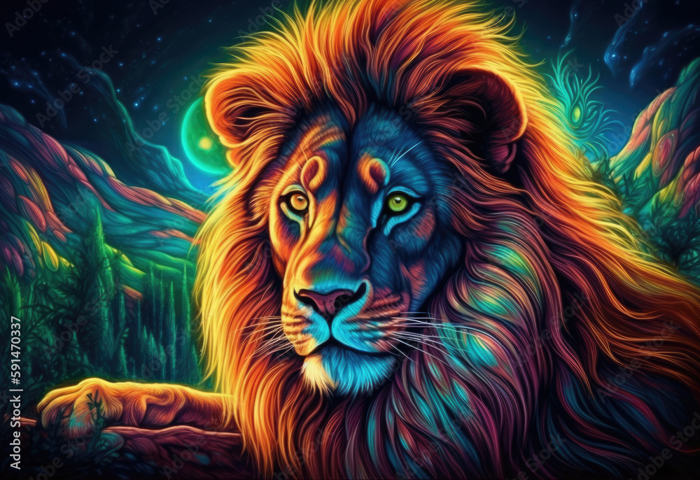 Fearless and vigilant lion king watching over his kingdom in Africa, bold portrait and intense stare with attentive amber eyes, resting at twilight hour before sunrise - generative AI