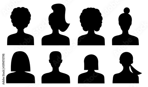 Isolated silhouettes of heads of women and men, avatars of female and male heads with outlines. Vector faceless illustration on transparent background.