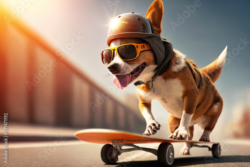Hund mit Sonnenbrille und Helm auf einem Skateboard (Generative Ai) © Stephan
