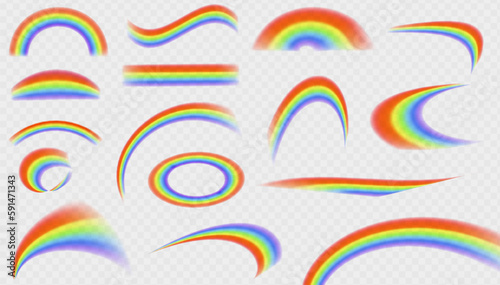 Different rainbow light shapes isolated. Refractions set, leak flare overlay, rainbow sunlight effect