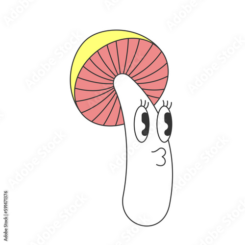 Retro groovy trippy mushroom character with good funny face. Hippie psychedelic strange fly agaric. Hippy funky fungus. Vintage hallucinogenic nostalgic amanita. Trendy y2k pop culture vector mascot