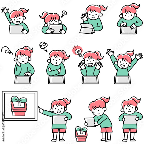 タブレットを使って学習をする小学生の女の子