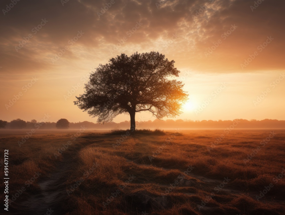 A single tree standing tall in a vast, open field at sunset