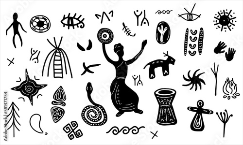 A set of ethnic African elements. Esoteric symbols. Vector hand-drawn. Isolated on a white background.