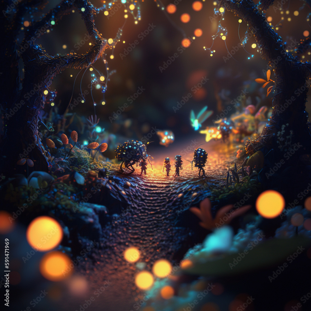 Colorful murmuration of fireflies in glowing multicolored light in park ...