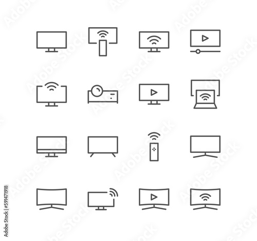 Set of television and technology icons, monitor, screen, video, play, wireless, wide, device and linear variety vectors.
