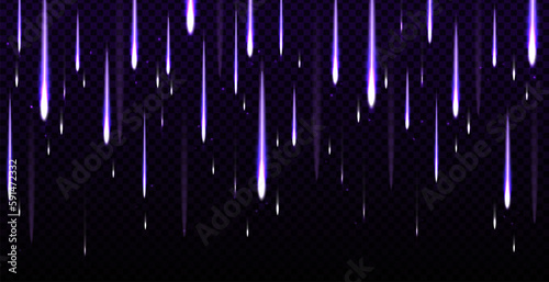 Realistic blue light effect of meteor rain in sky. Glowing comets with flame trails isolated on transparent background. Fireballs falling with glowing trails.