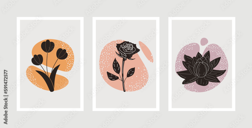 Wall art vector set. Hand drawing floral plants with abstract shape for decoration, print, cover, wallpaper, Minimal and natural wall art. Vector illustration Wall art vector set. Hand drawing floral plants with abstract shape for decoration, print, cover, wallpaper, Minimal and natural wall art. Vector illustration