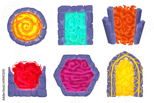 Futuristic portal to another world. Fantasy game gate to another dimensions, magic teleport and stone arches between worlds