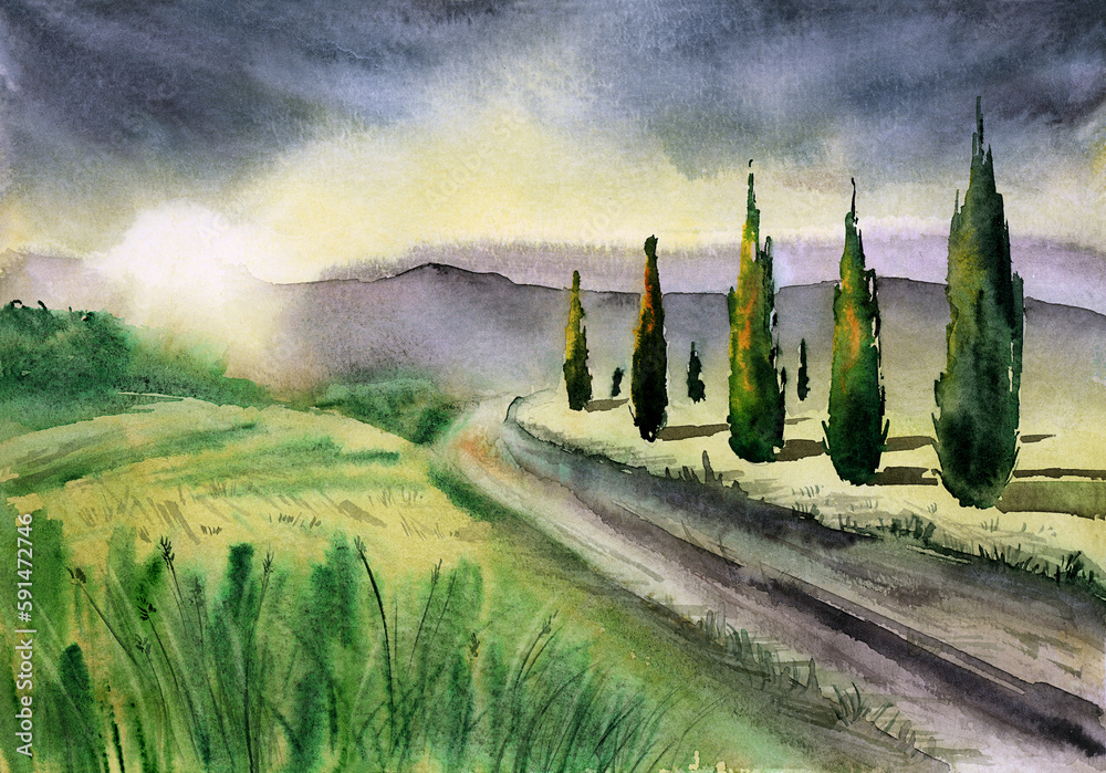 Watercolor landscape with distant misty mountains, green fields and a road lined with tall cypresses