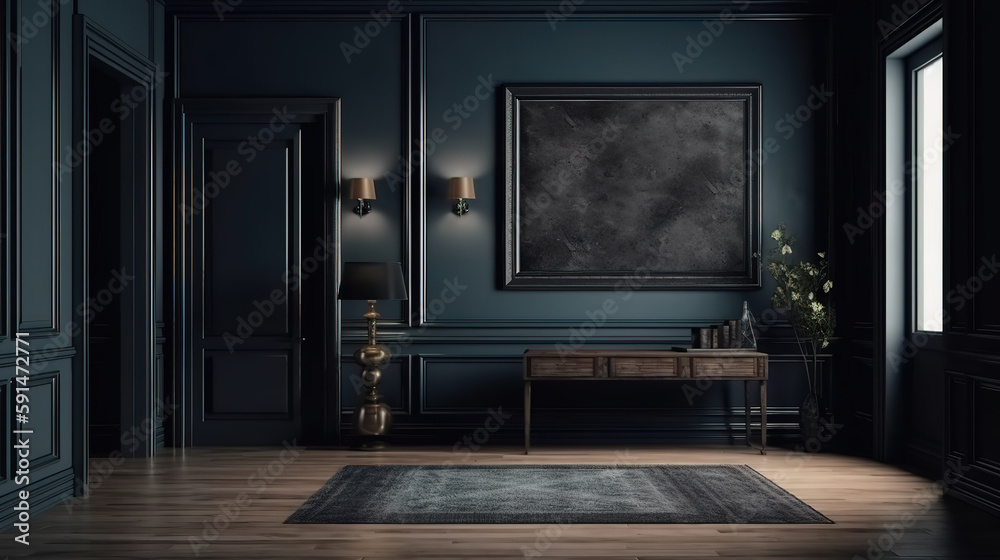 Dark walls in a contemporary classic space Traditional retro style. Generative Ai