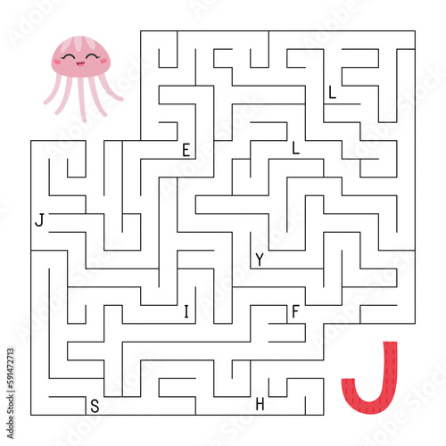 ABC maze game. Educational puzzle for kids. Labyrinth with letters. Help jellyfish find right way to the letter J. Activity worksheet. Learn English language. Vector illustration.