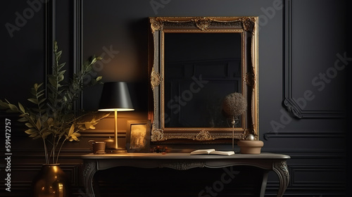 Frame mockup in dark classic interior, 3d render. Generative Ai © hassanmim2021