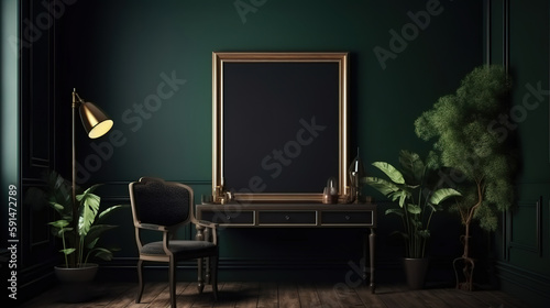 Frame mockup in dark green home interior  3d render  Bright color. Generative Ai
