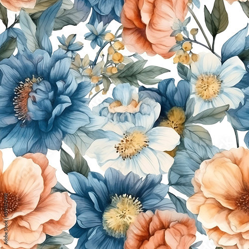 Wallpaper Mural Seamless Watercolor flora pattern, spring flower with leaves, romantic texture background, generative ai Torontodigital.ca