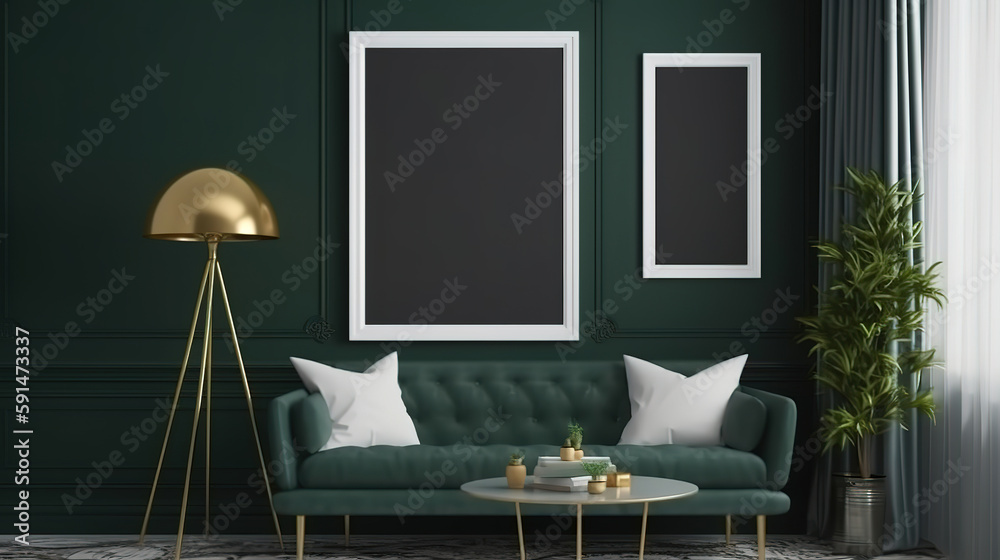 Picture frame mockup hanging in modern living room home decor interior. Generative Ai