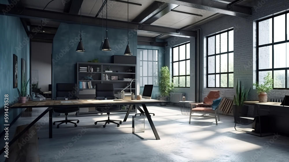 Industrial loft style office 3d render. Generative Ai Industrial loft style office 3d render. Generative Ai