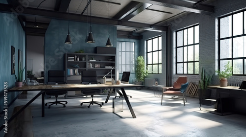 Industrial loft style office 3d render. Generative Ai