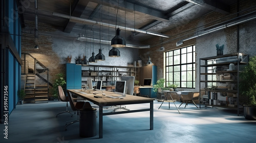 Industrial loft style office 3d render. Generative Ai