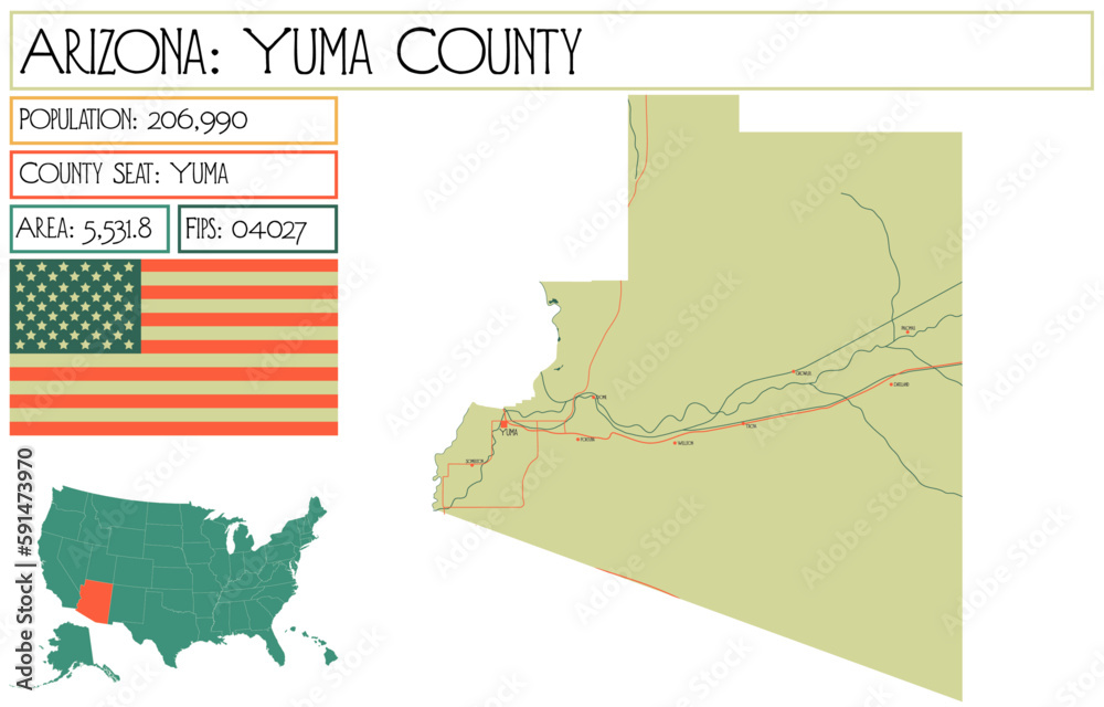 Fototapeta Large and detailed map of Yuma County in Arizona, USA.