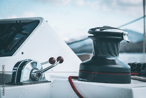 Canvas Print Mainsail winch on catamaran, Santorini