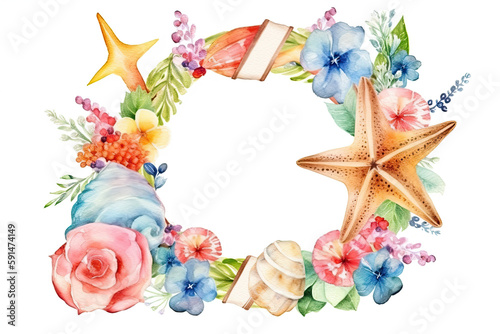 Set of watercolor summer wreath on white background. Ai generative.